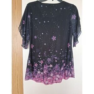Womens Black Mesh Celestial Star Flower Print Flutter Sleeve Tunic Top S